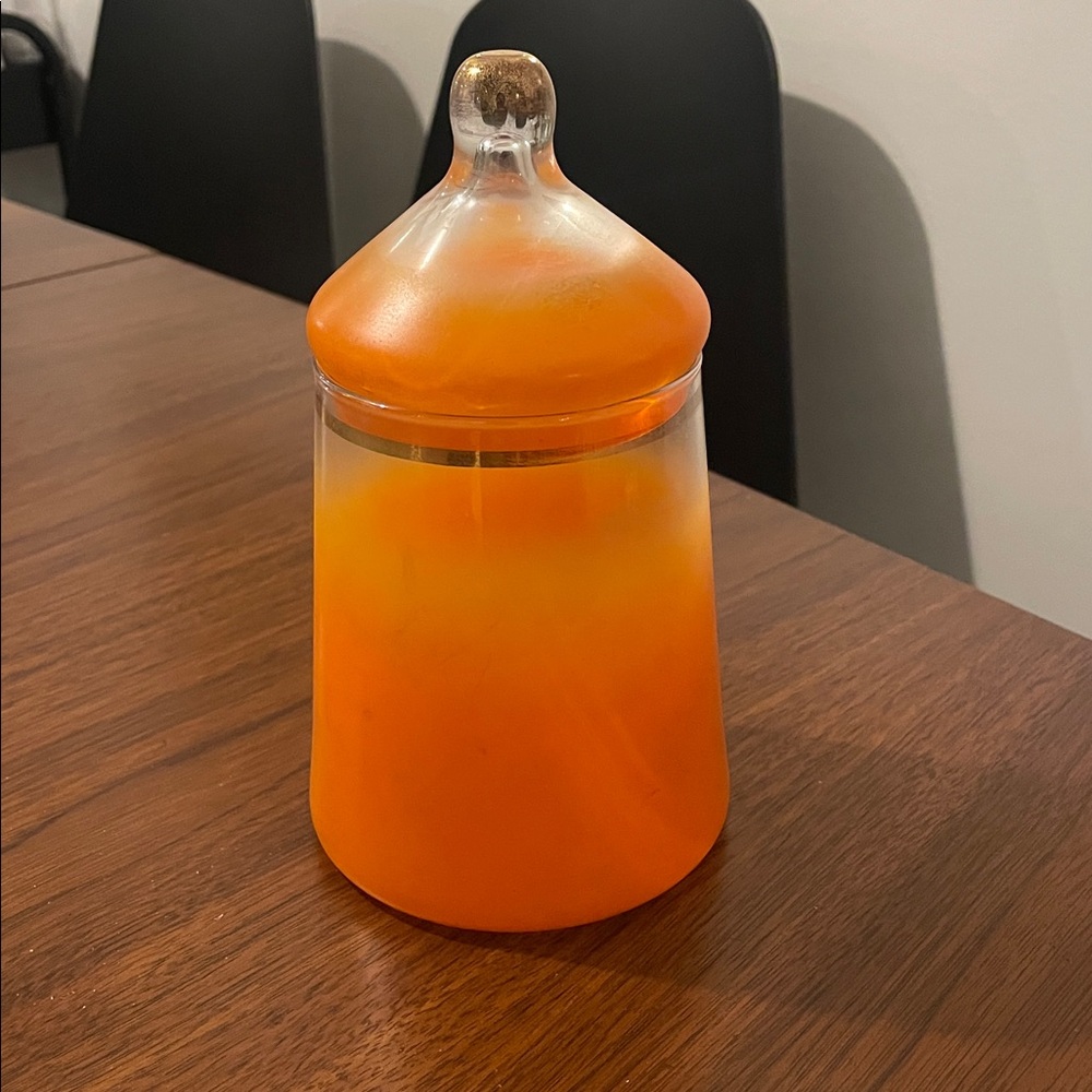 RARE VINTAGE BLENDO ORANGE FROSTED W/ GOLD TRIM CANDY JAR DISH RETRO MCM